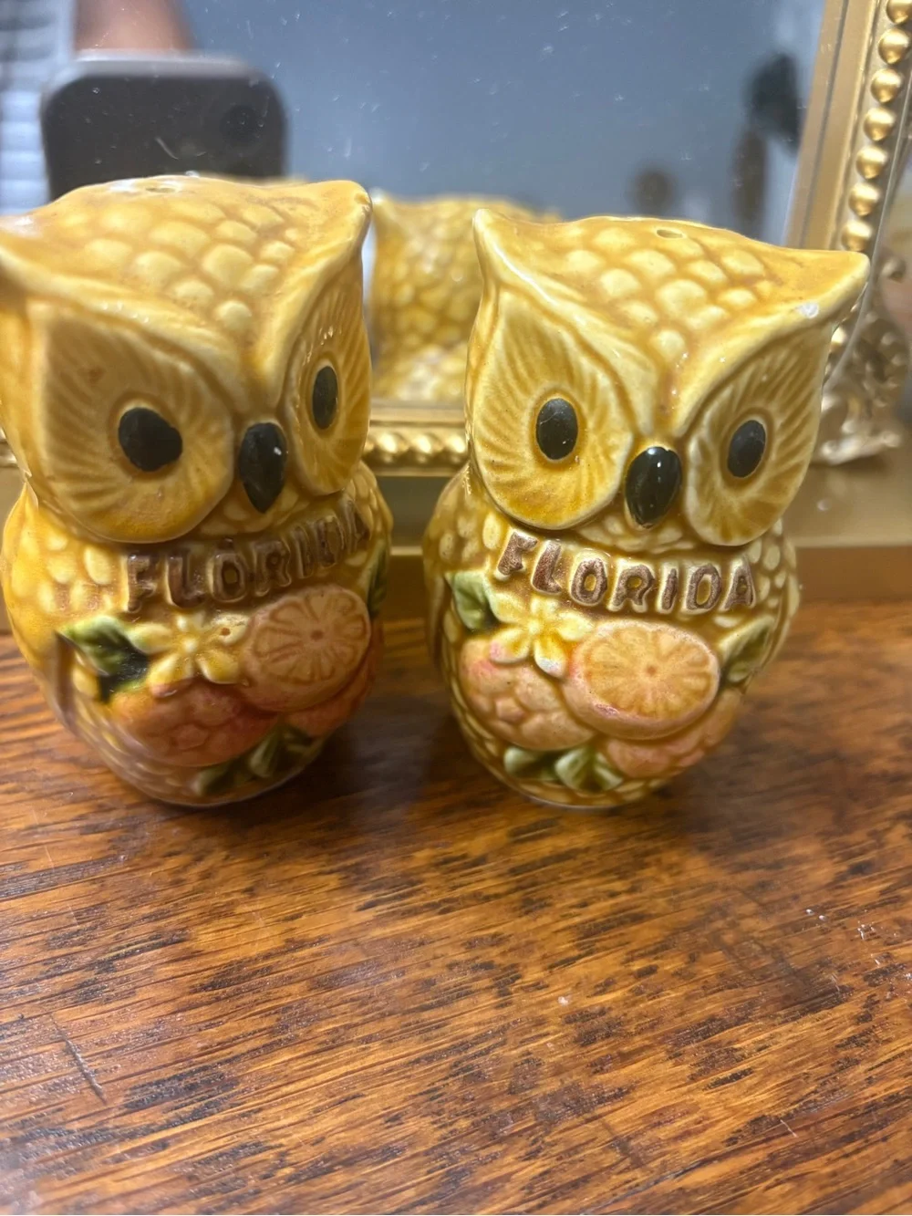 Vintage Florida Owl Salt & Pepper Shakers - Yellow Ceramic
